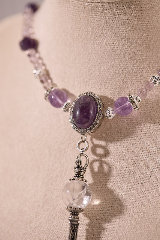 N036-紫水晶.白阿賽暗黑風磁吸款頸鏈