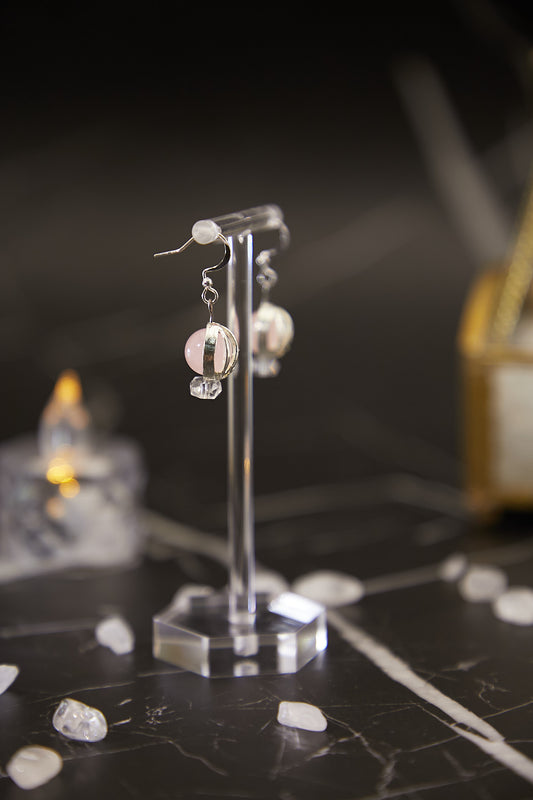 E024-粉晶.白水晶星球款耳鈎