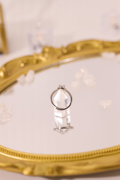 R049-白水晶圓形切面S925開口戒指