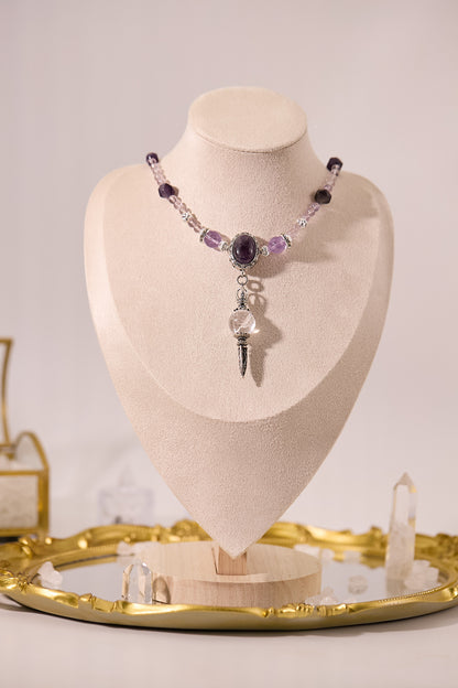 N036-紫水晶．白阿賽暗黑風磁吸款頸鏈