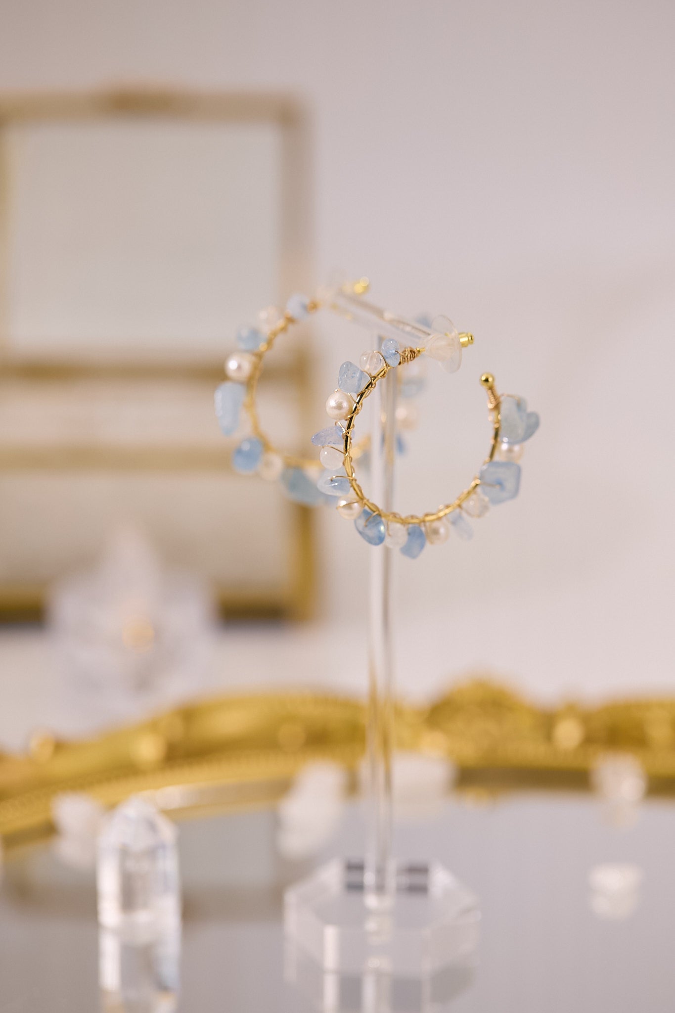 E073-海藍寶．藍月亮．淡水珍珠圈圈耳環