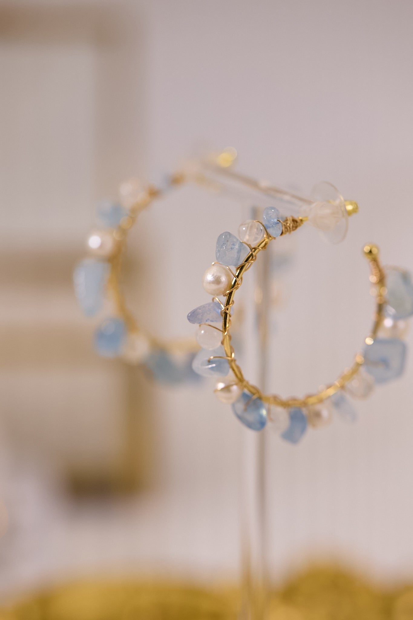 E073-海藍寶．藍月亮．淡水珍珠圈圈耳環