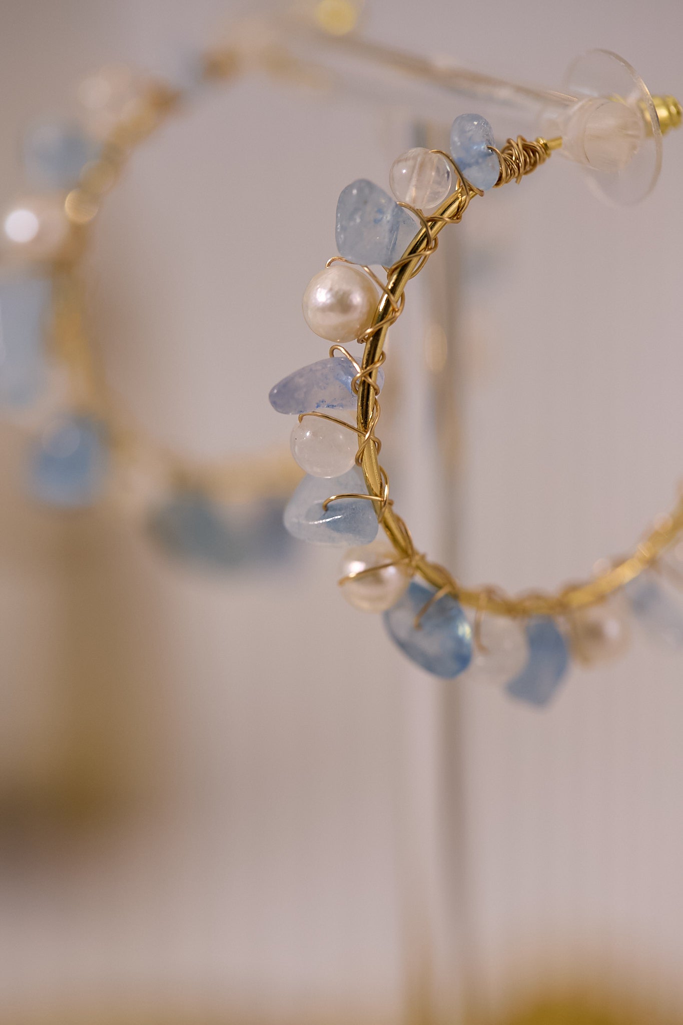 E073-海藍寶．藍月亮．淡水珍珠圈圈耳環