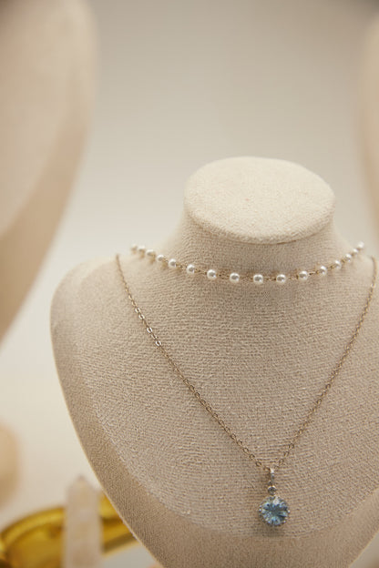 N008-托帕石拼仿珍珠雙鏈磁吸款頸鏈