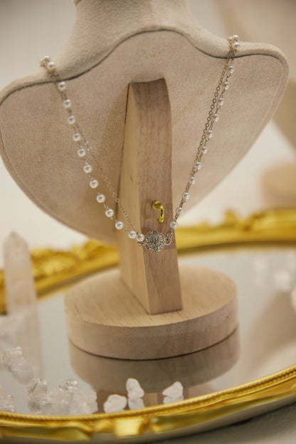 N008-托帕石拼仿珍珠雙鏈磁吸款頸鏈