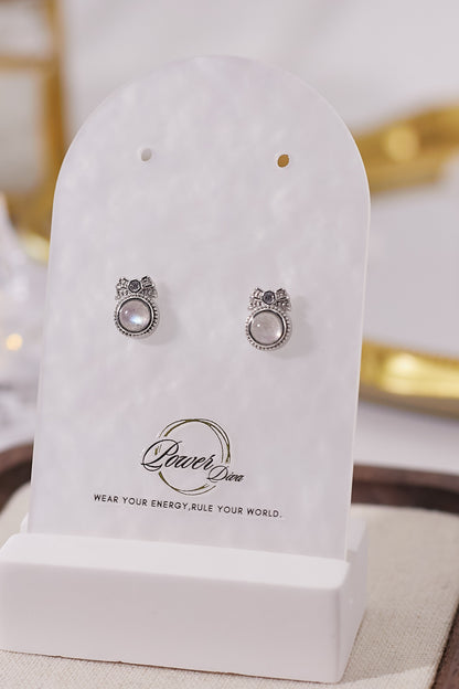 E068-灰月光蝴蝶結圓形耳釘