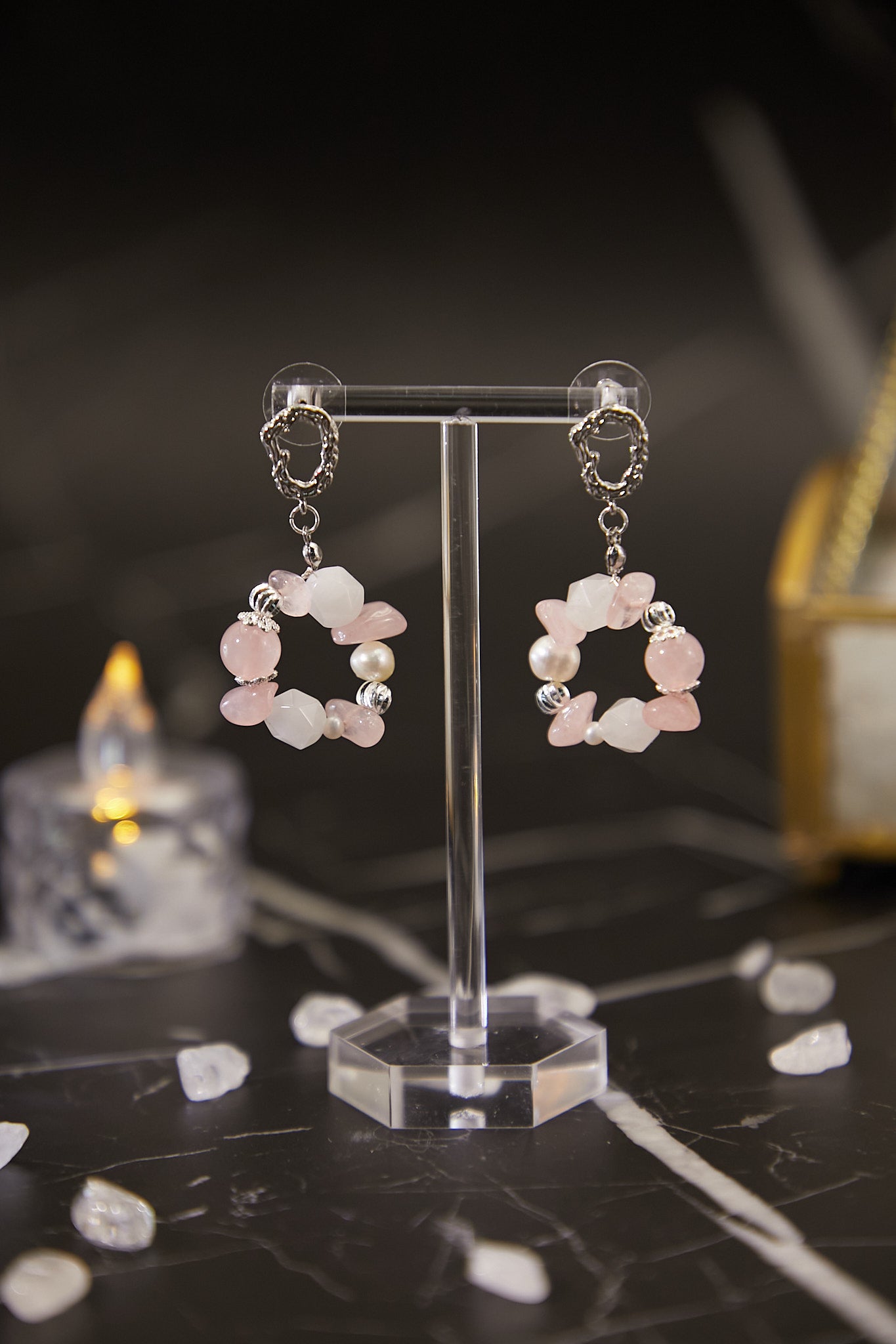 E007-粉晶．淡水珍珠圈圈耳環