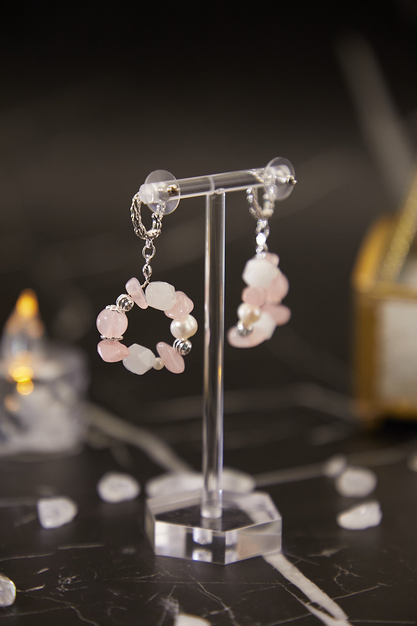 E007-粉晶．淡水珍珠圈圈耳環