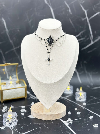 N027-銀曜石暗黑風十字架磁吸款頸鏈